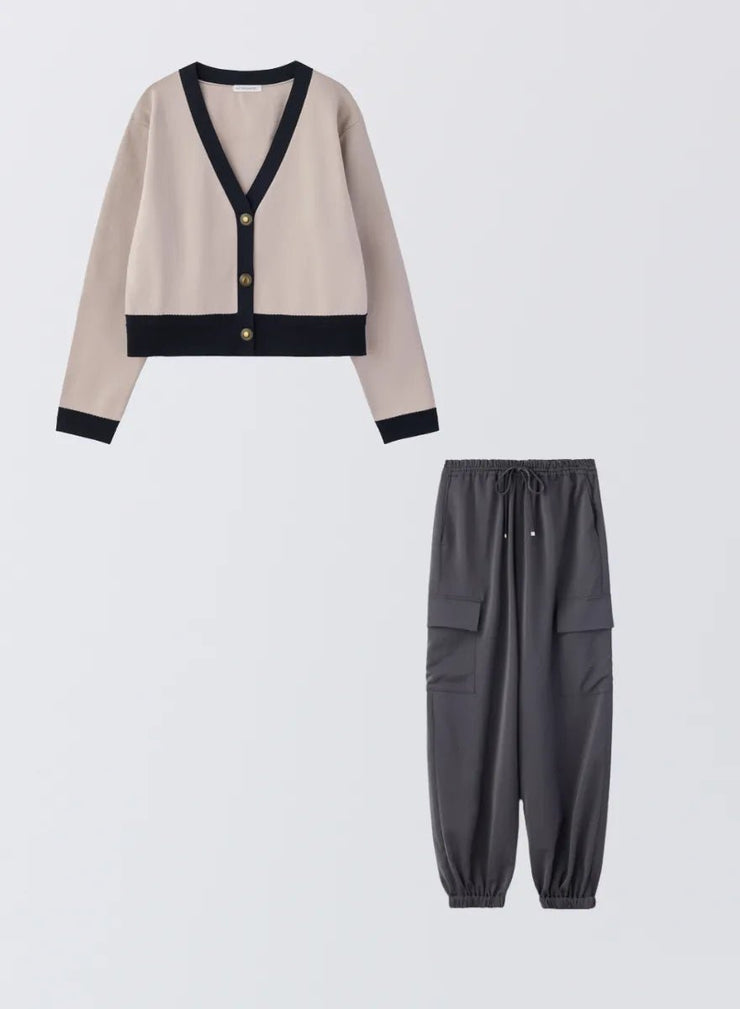 [SET]バイカラーニットカーディガン+サイドポケットジョガーパンツ - MES VACANCES