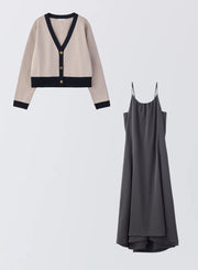 [SET]バイカラーニットカーディガン+サテンキャミソールワンピース - MES VACANCES