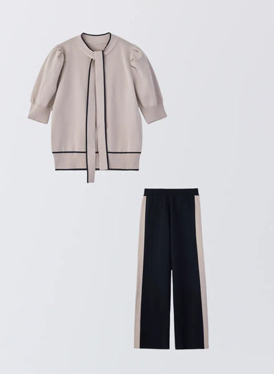 [SET]パフスリーブニットトップス+サイドラインニットパンツ - MES VACANCES