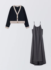 [SET]バイカラーニットカーディガン+サテンキャミソールワンピース - MES VACANCES