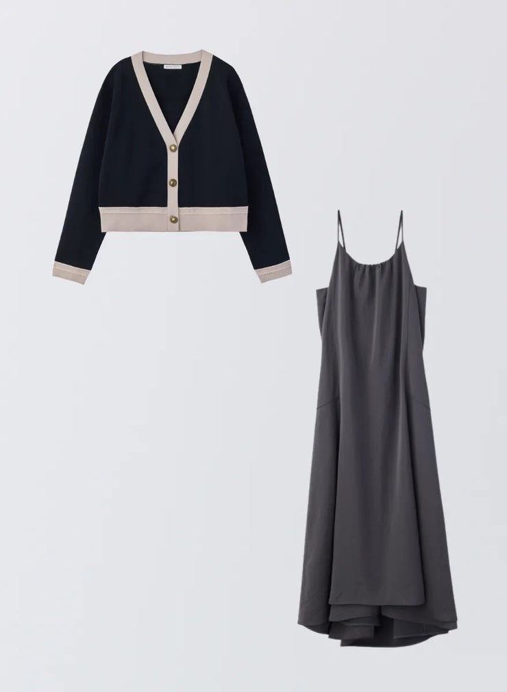 [SET]バイカラーニットカーディガン+サテンキャミソールワンピース - MES VACANCES