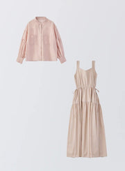 [SET]ボリュームスリーブシアーシャツ+ストライプティアードワンピース - MES VACANCES