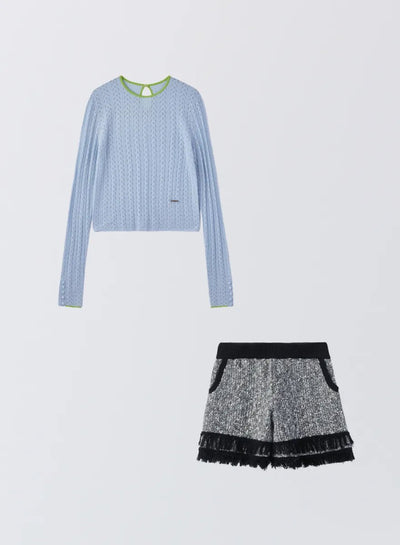 [SET] シルクレース編みショートトップス＋ツイーディーニットパンツ - MES VACANCES