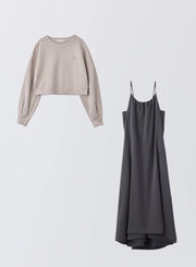 [SET]ロゴ刺繍ショートスウェット+サテンキャミソールワンピース - MES VACANCES