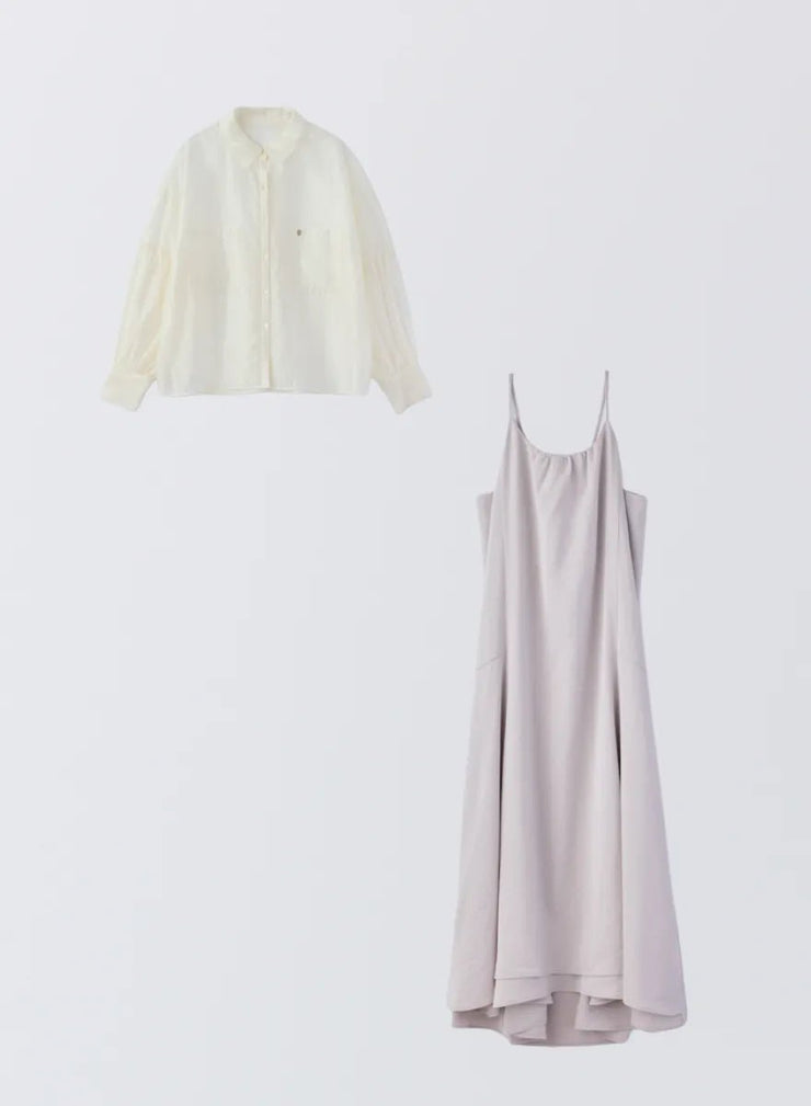 [SET]ボリュームスリーブシアーシャツ+サテンキャミソールワンピース - MES VACANCES