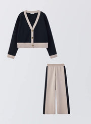 [SET]バイカラーニットカーディガン+サイドラインニットパンツ - MES VACANCES