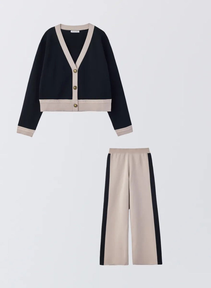 [SET]バイカラーニットカーディガン+サイドラインニットパンツ - MES VACANCES