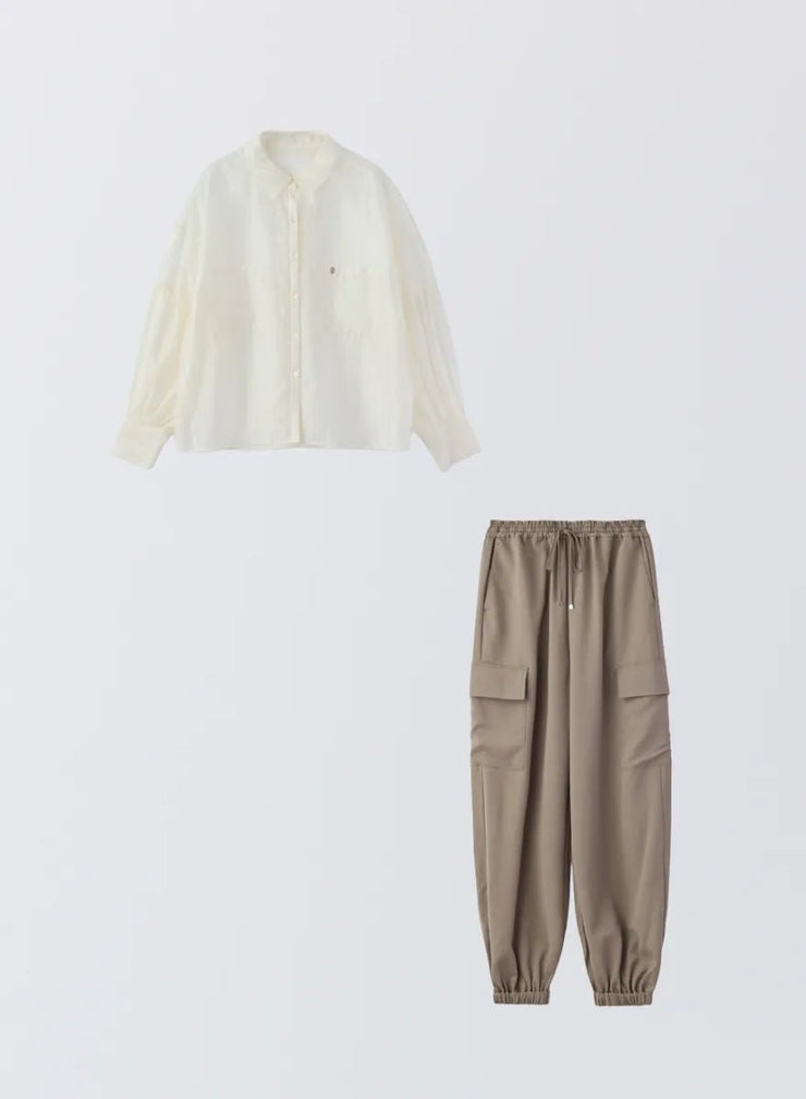 [SET]ボリュームスリーブシアーシャツ+サイドポケットジョガーパンツ - MES VACANCES
