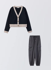 [SET]バイカラーニットカーディガン+サイドポケットジョガーパンツ - MES VACANCES