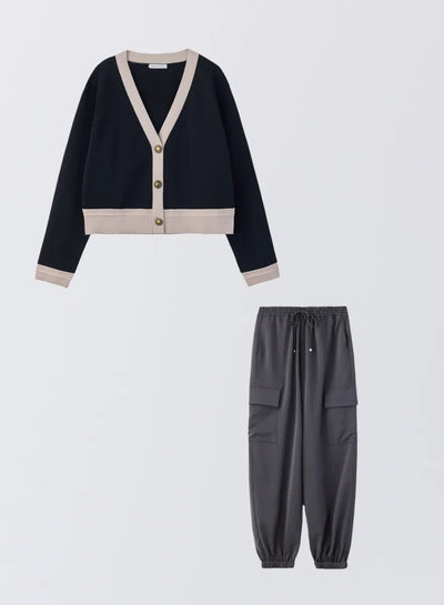 [SET]バイカラーニットカーディガン+サイドポケットジョガーパンツ - MES VACANCES