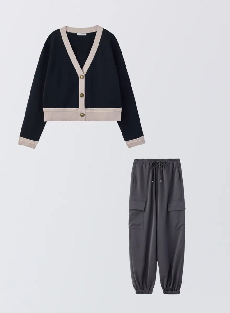 [SET]バイカラーニットカーディガン+サイドポケットジョガーパンツ - MES VACANCES