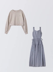 [SET]ロゴ刺繍ショートスウェット+ストライプティアードワンピース - MES VACANCES