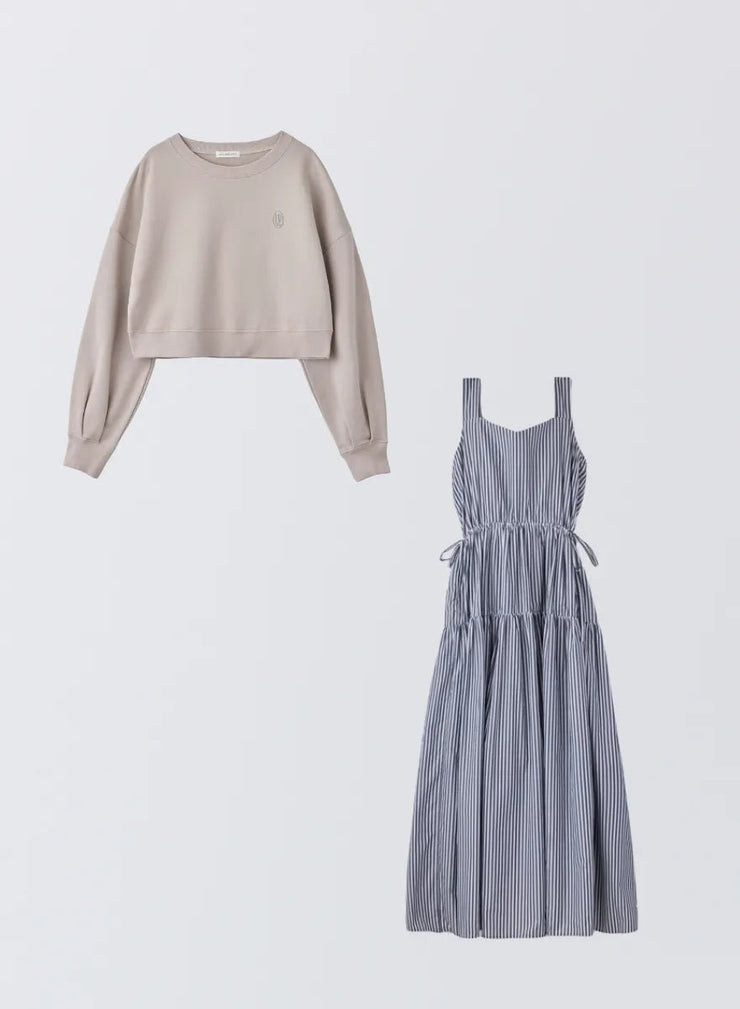 [SET]ロゴ刺繍ショートスウェット+ストライプティアードワンピース - MES VACANCES