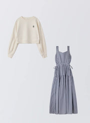 [SET]ロゴ刺繍ショートスウェット+ストライプティアードワンピース - MES VACANCES