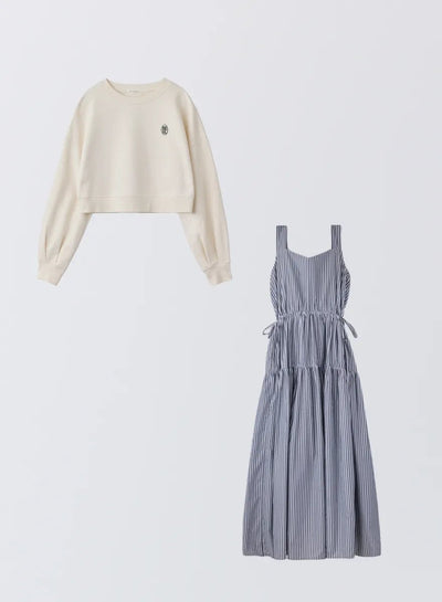 [SET]ロゴ刺繍ショートスウェット+ストライプティアードワンピース - MES VACANCES