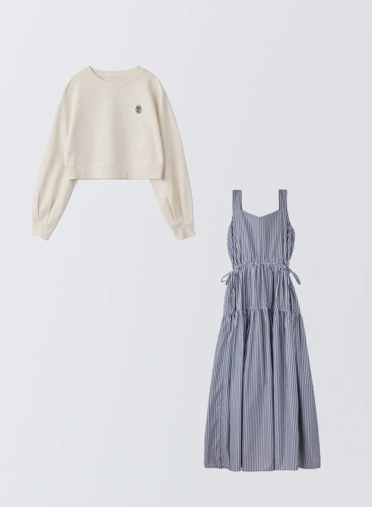 [SET]ロゴ刺繍ショートスウェット+ストライプティアードワンピース - MES VACANCES