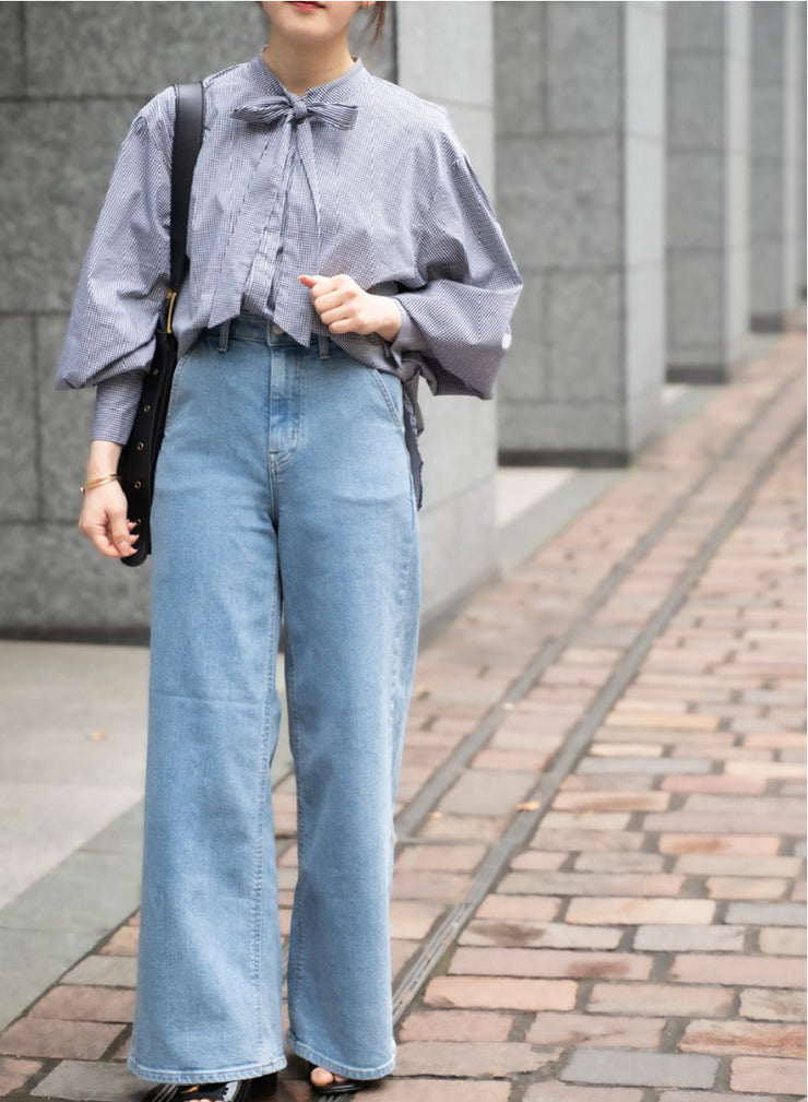 [set]【MES VACANCES×airCloset24SS】<br>コットンキャンディースリーブシャツ(GINGHAM CHECK)<br>【MES VACANCES×EDWIN】CO:RE Denimワイドパンツ(LightBlue) - MES VACANCES