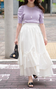 [set]【MES VACANCES×airCloset】<br>ヒヤシンススリーブニット(LILAC)<br>Organic cotton ティアードスカート(WHITE) - LES TROIS GRACES