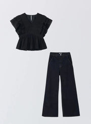 [SET]フラワーペタルブラウス+【MES VACANCES×EDWIN】 CO:RE DENIM ワイドパンツ Indigo - MES VACANCES