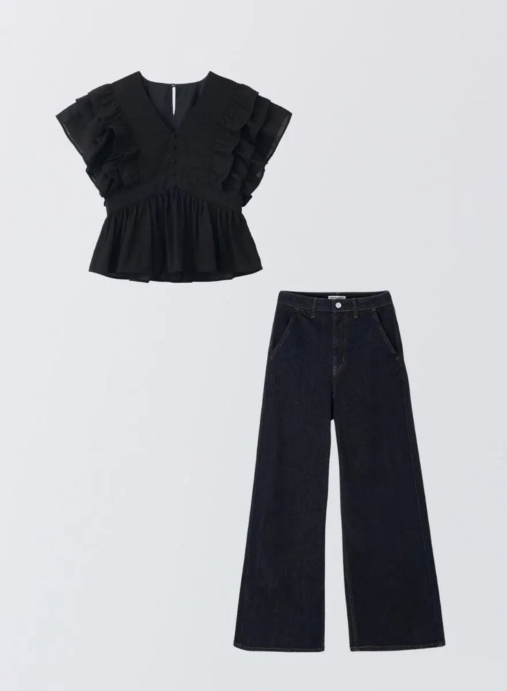 [SET]フラワーペタルブラウス+【MES VACANCES×EDWIN】 CO:RE DENIM ワイドパンツ Indigo - MES VACANCES