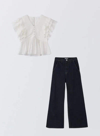 [SET]フラワーペタルブラウス+【MES VACANCES×EDWIN】 CO:RE DENIM ワイドパンツ Indigo - MES VACANCES