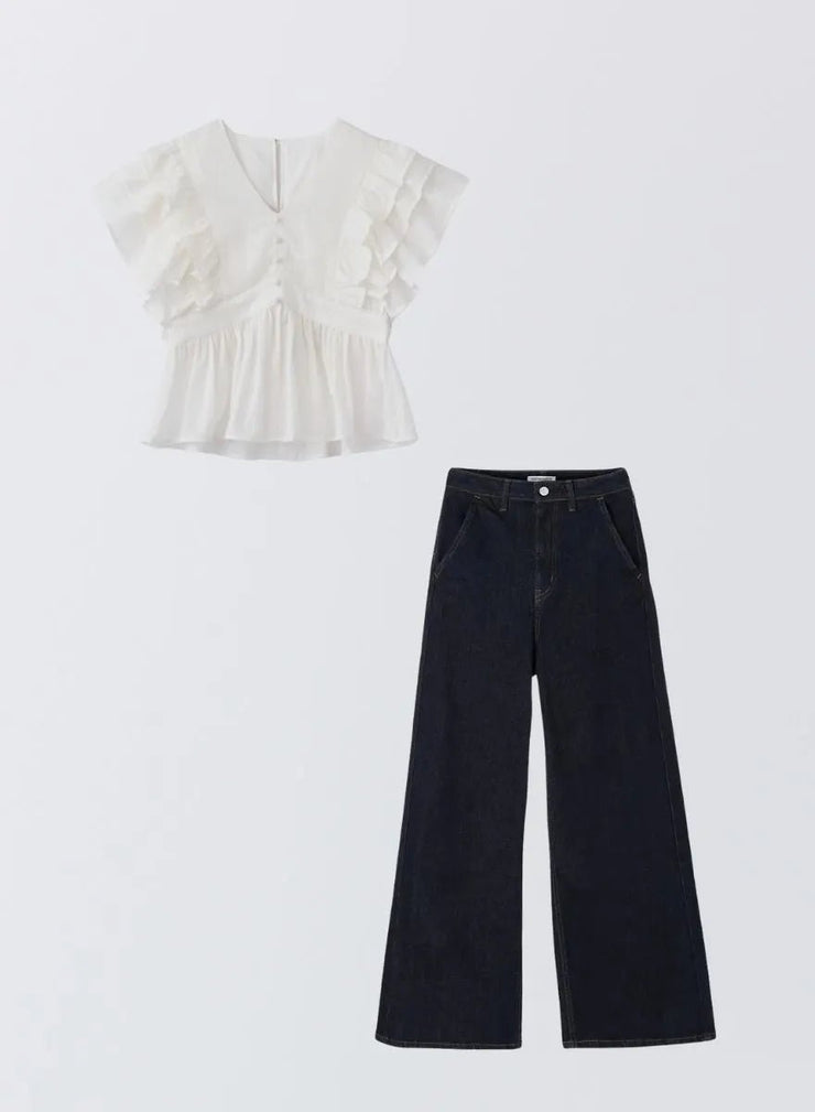[SET]フラワーペタルブラウス+【MES VACANCES×EDWIN】 CO:RE DENIM ワイドパンツ Indigo - MES VACANCES