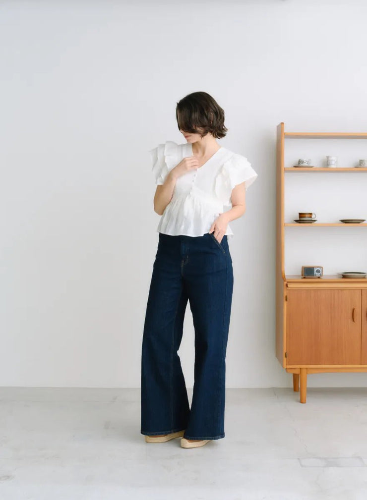 [SET]フラワーペタルブラウス+【MES VACANCES×EDWIN】 CO:RE DENIM ワイドパンツ LightBlue - MES VACANCES