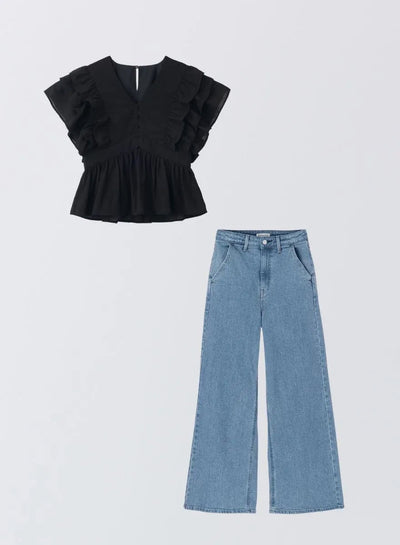 [SET]フラワーペタルブラウス+【MES VACANCES×EDWIN】 CO:RE DENIM ワイドパンツ LightBlue - MES VACANCES