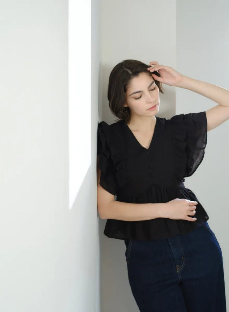 [SET]フラワーペタルブラウス+【MES VACANCES×EDWIN】 CO:RE DENIM ワイドパンツ LightBlue - MES VACANCES