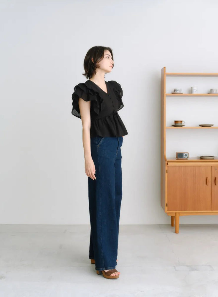 [SET]フラワーペタルブラウス+【MES VACANCES×EDWIN】 CO:RE DENIM ワイドパンツ LightBlue - MES VACANCES