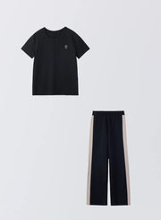 [SET]ロゴ刺繍Tシャツ+サイドラインニットパンツ - MES VACANCES