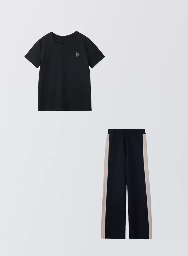[SET]ロゴ刺繍Tシャツ+サイドラインニットパンツ - MES VACANCES