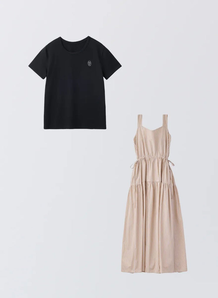 [SET]ロゴ刺繍Tシャツ+ストライプティアードワンピース - MES VACANCES