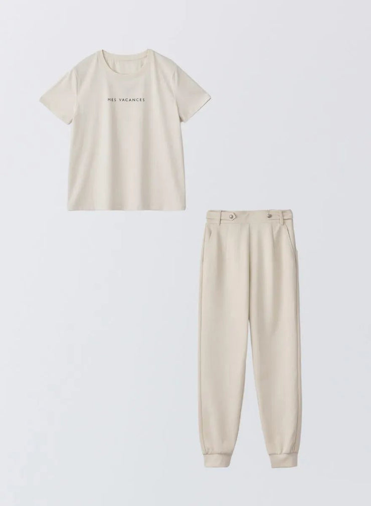 [SET]サマーロゴTシャツ+ツインフェイスエレガントパンツ - MES VACANCES