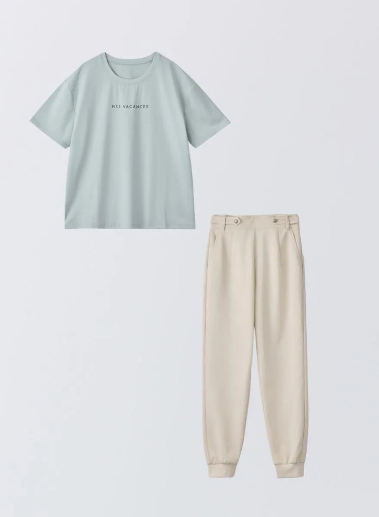 [SET]サマーロゴTシャツ+ツインフェイスエレガントパンツ - MES VACANCES