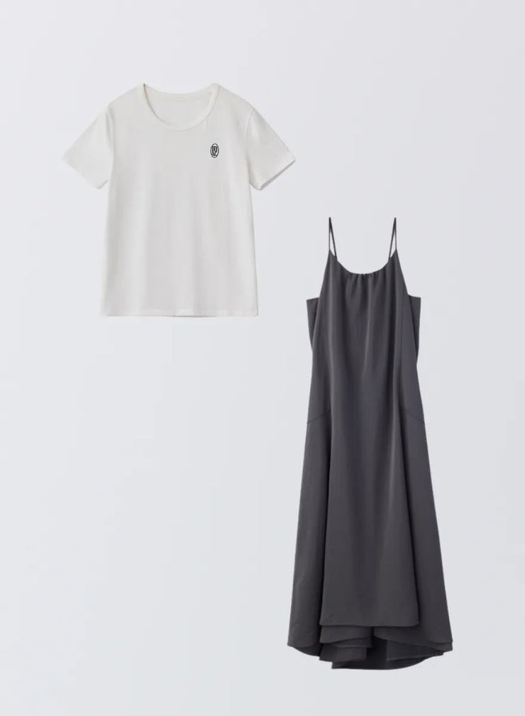 [SET]ロゴ刺繍Tシャツ+サテンキャミソールワンピース - MES VACANCES