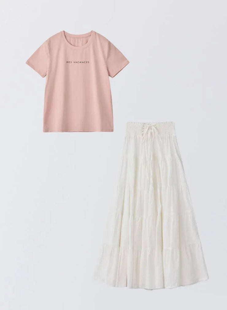 [SET]サマーロゴTシャツ+フラワーペタルスカート - MES VACANCES