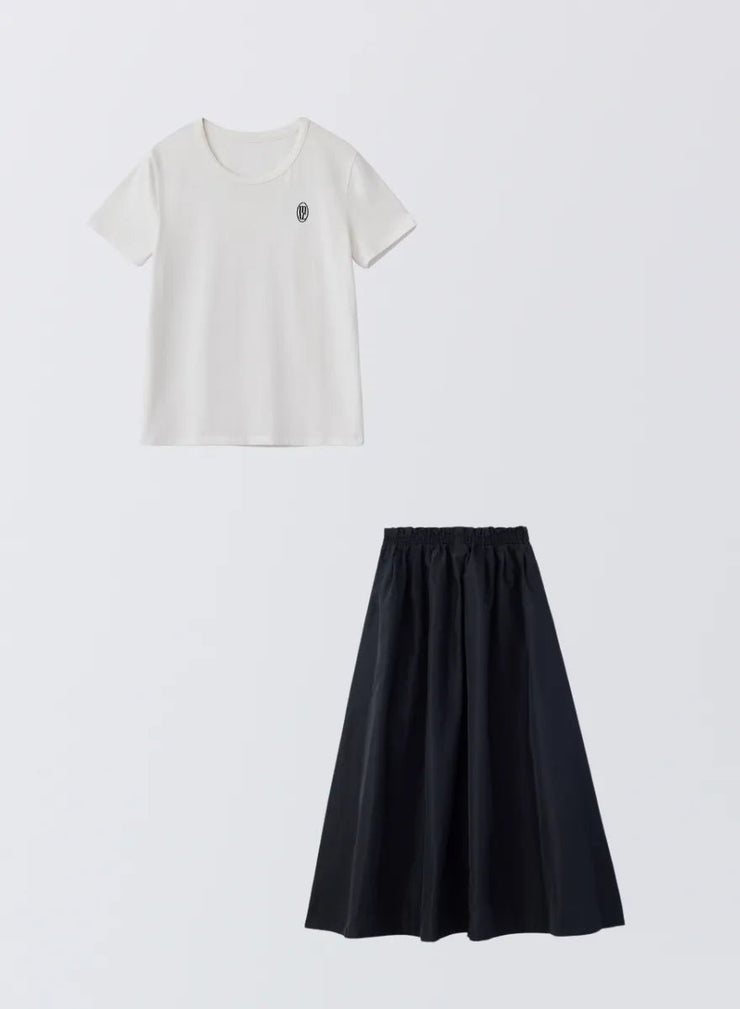 [SET]ロゴ刺繍Tシャツ+タックギャザースカート - MES VACANCES