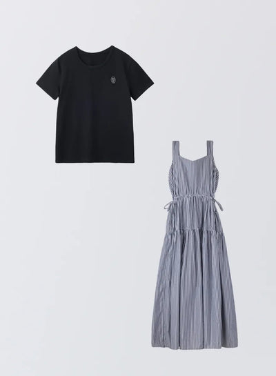 [SET]ロゴ刺繍Tシャツ+ストライプティアードワンピース - MES VACANCES