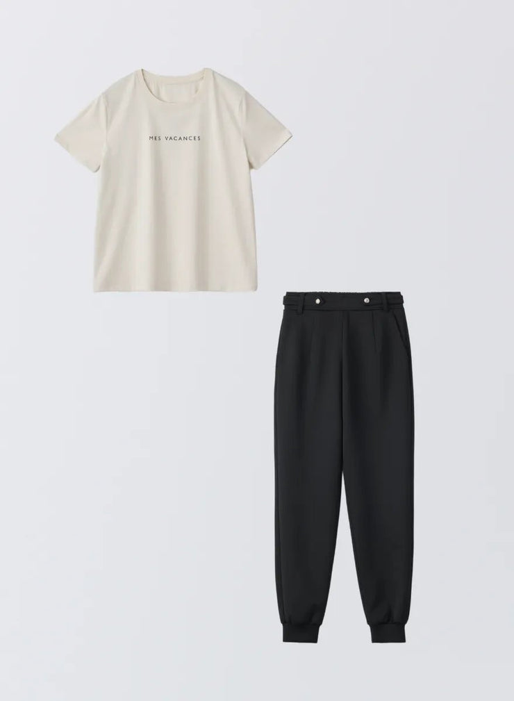 [SET]サマーロゴTシャツ+ツインフェイスエレガントパンツ - MES VACANCES