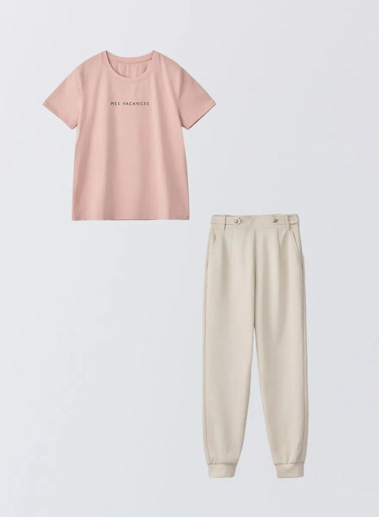 [SET]サマーロゴTシャツ+ツインフェイスエレガントパンツ - MES VACANCES
