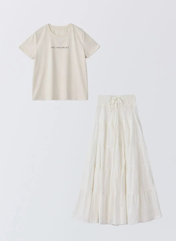 [SET]サマーロゴTシャツ+フラワーペタルスカート - MES VACANCES