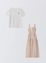 [SET]ロゴ刺繍Tシャツ+ストライプティアードワンピース - MES VACANCES