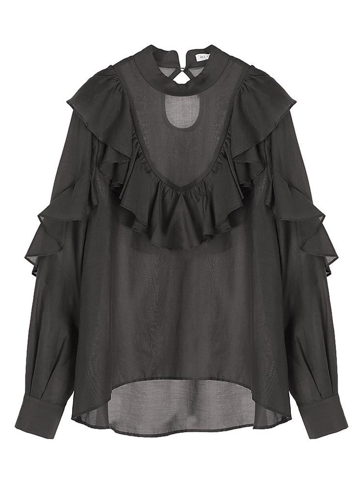 スタンドカラーフリルブラウス - LES TROIS GRACES