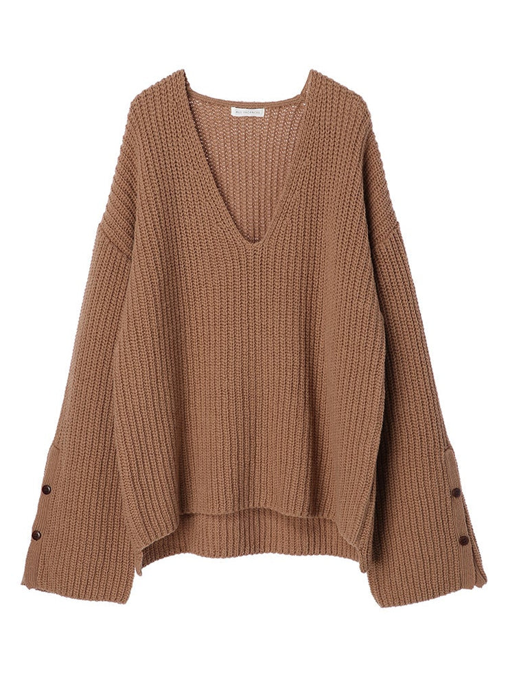 [set] Organic cotton ティアードスカートKhaki×Vネックスリットスリーブニットトップス - LES TROIS GRACES